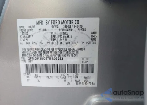 2007 Ford Edge Sel z USA, uszkodzony, nr VIN 2FMDK38C57BB03253